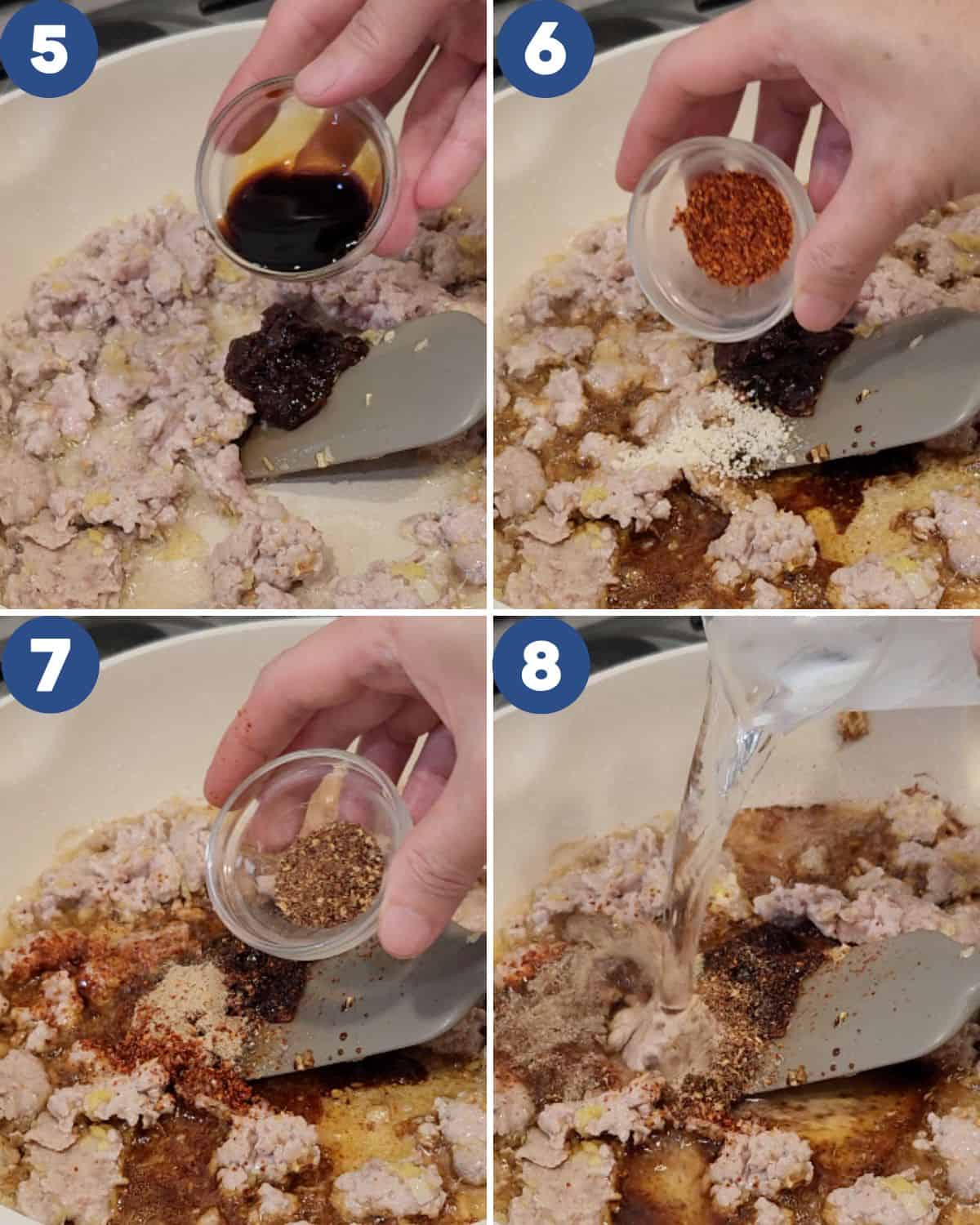 Step by step process photos of cooking the pork and sauce.