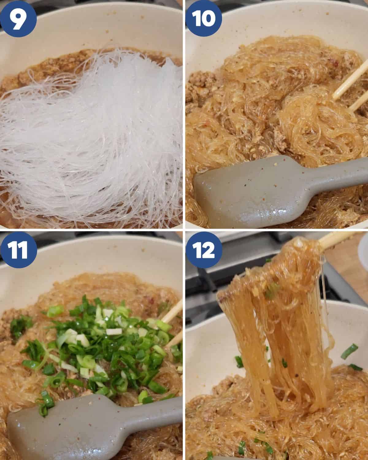Step by step process photos of cooking the glass noodles together in the wok.