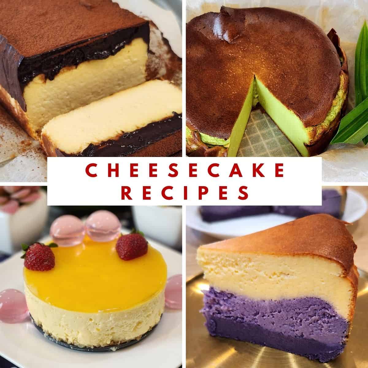 A photo collage of different kinds of cheesecakes.