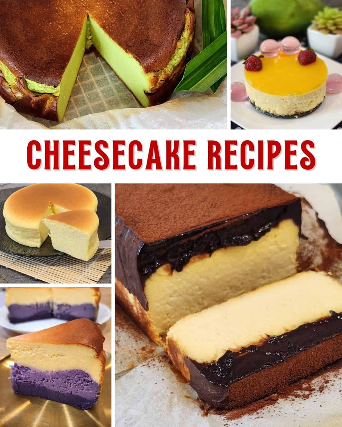 A photo collage of different kinds of cheesecakes.