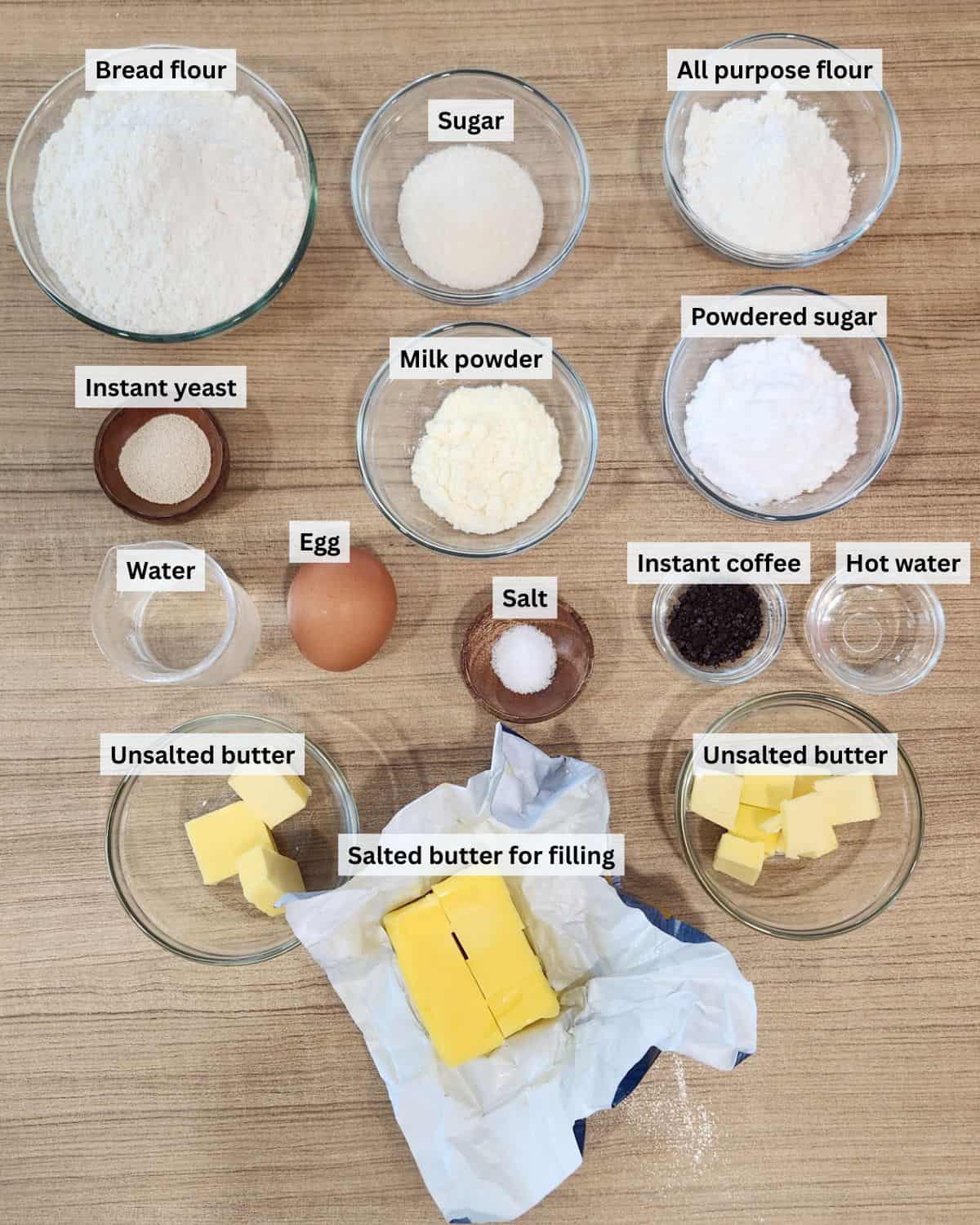 Coffee bun ingredients with labels.