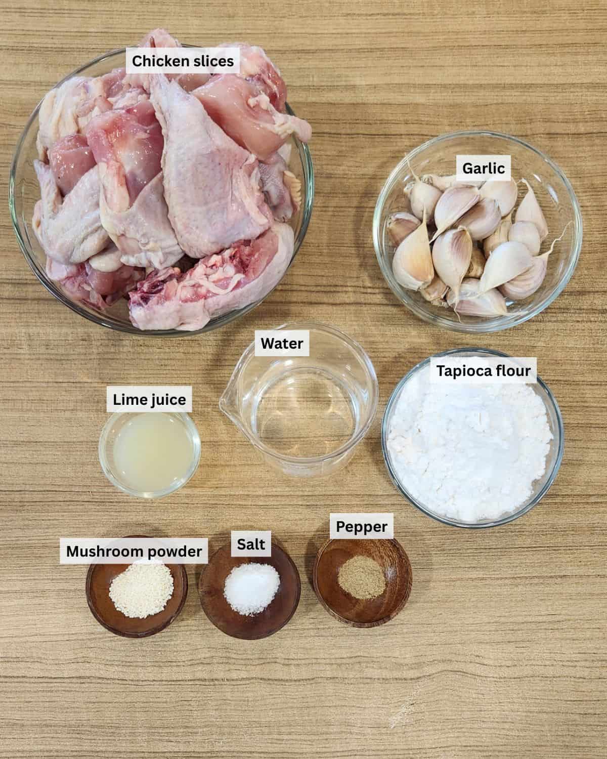 Garlic fried chicken ingredients with labels.