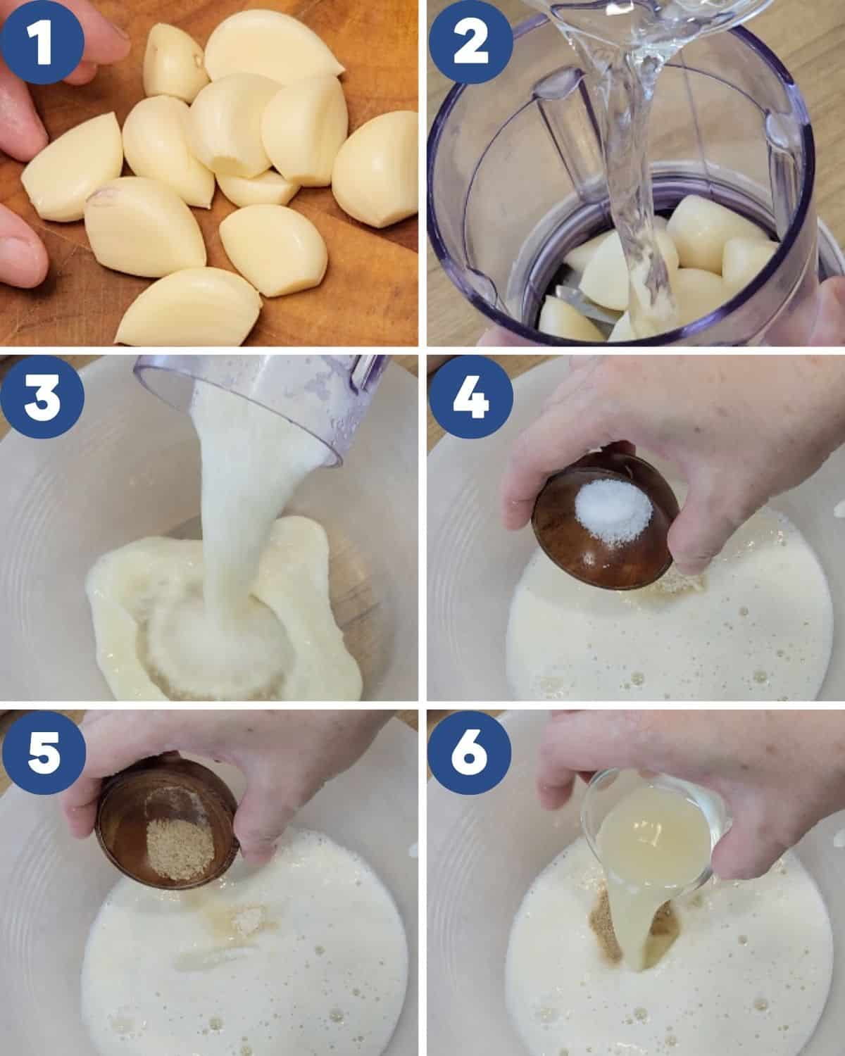 Step by step process photos of preparing the marinate sauce for garlic fried chicken.