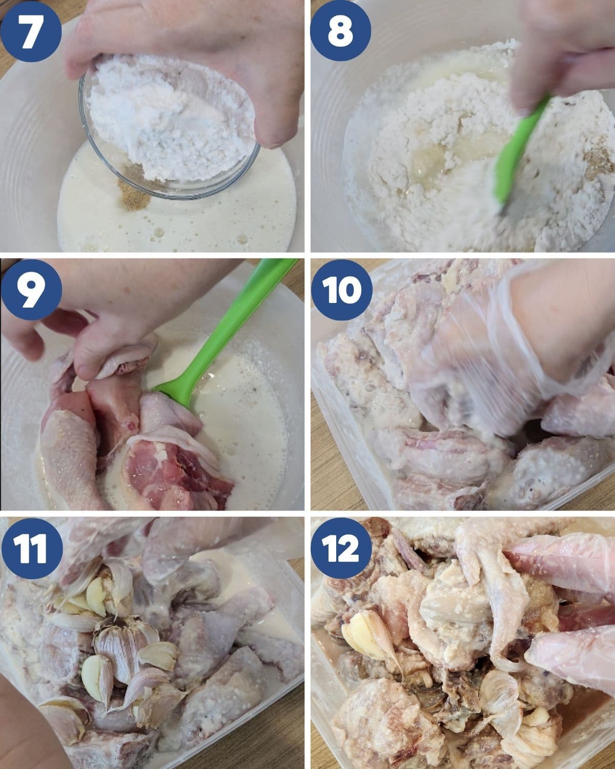 Step by step process photos of marinating the chicken pieces.
