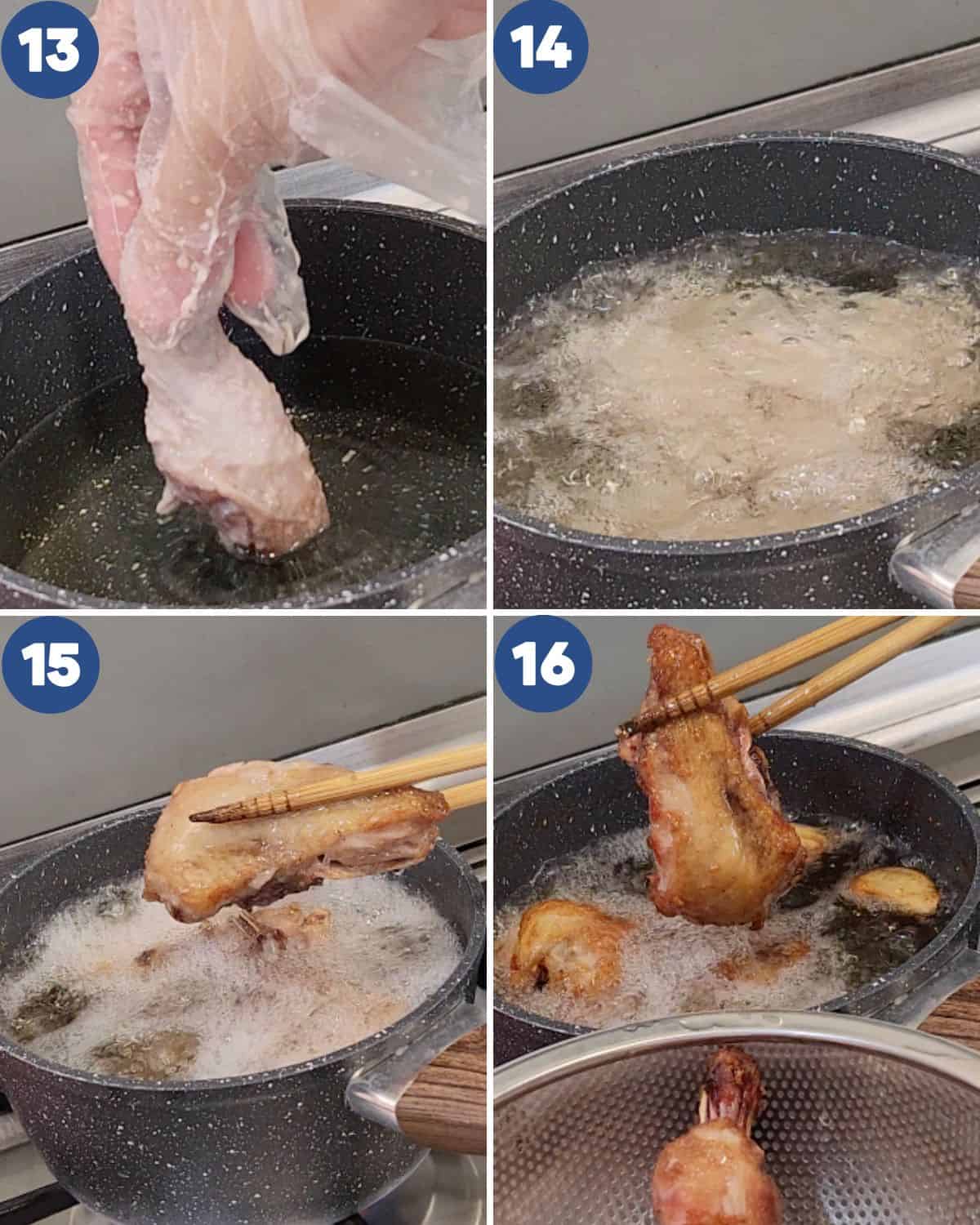 Step by step process photos of deep-frying the garlic fried chicken.