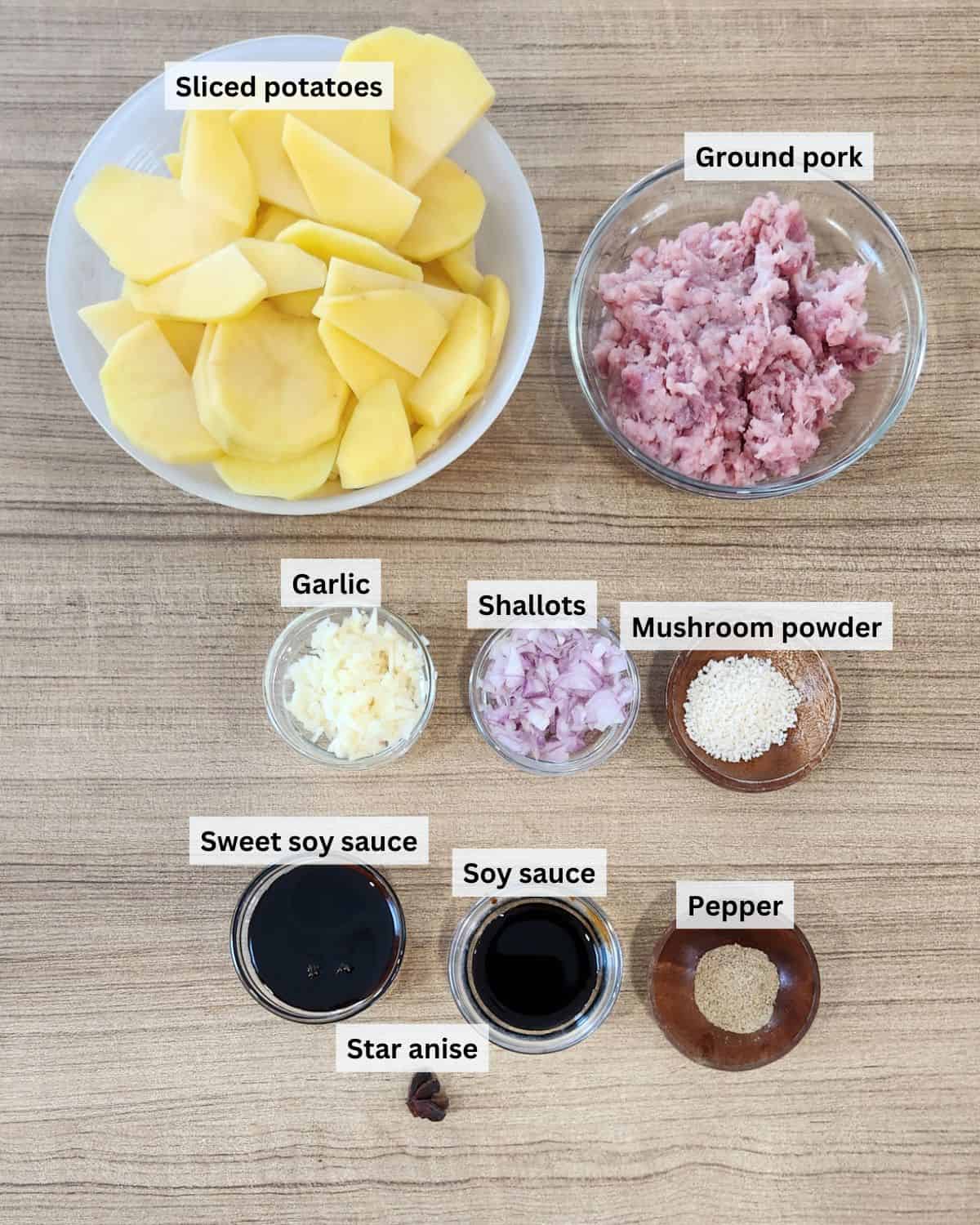 Ground pork stir fry with potatoes ingredients with labels.