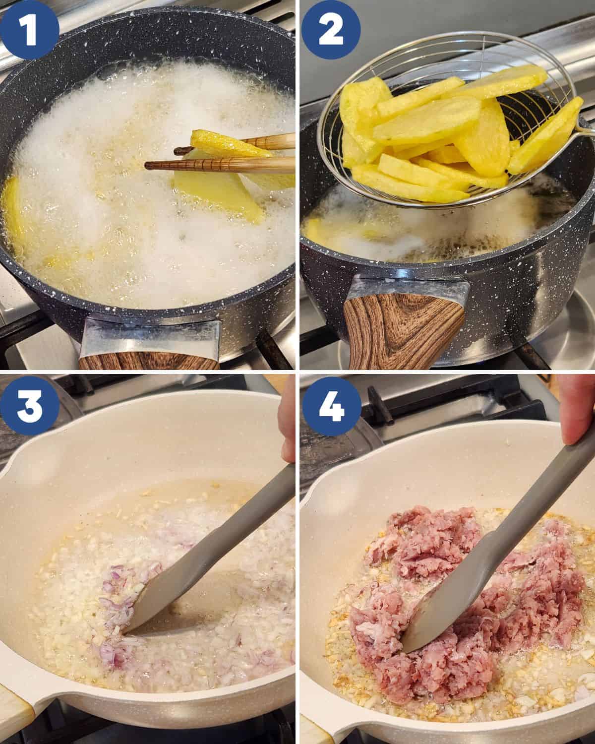 Step by step process photos of preparing the potatoes.