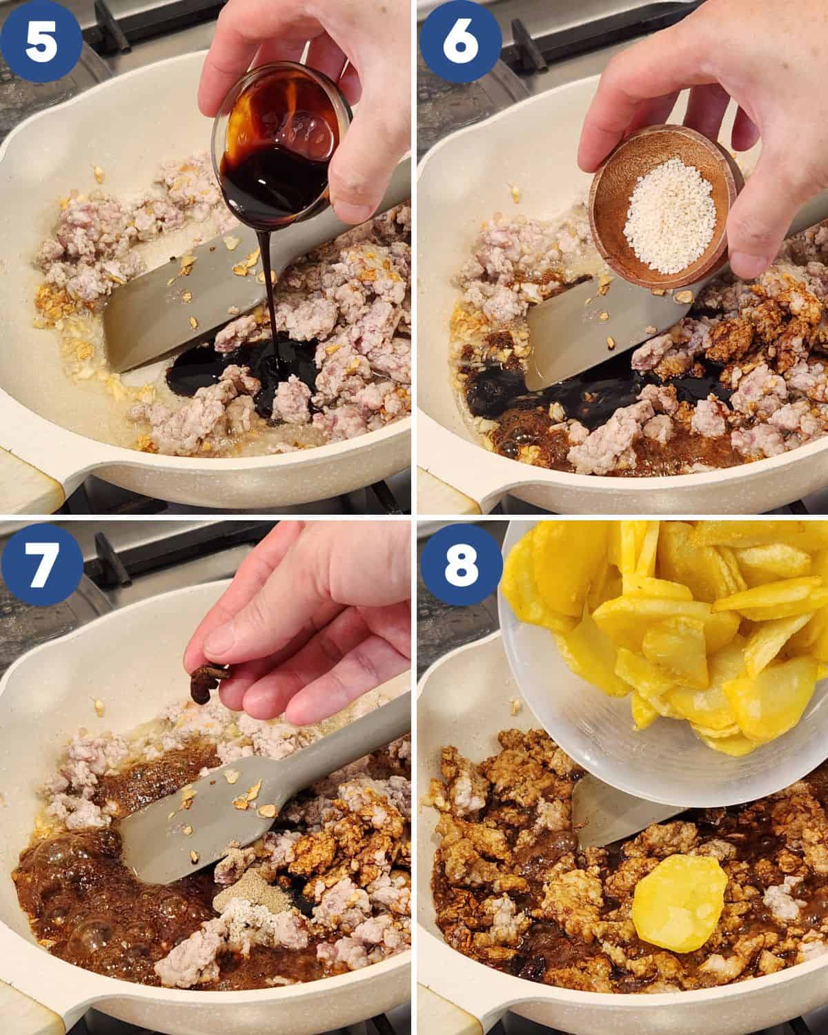 Step by step process photos of stir frying the ground pork.