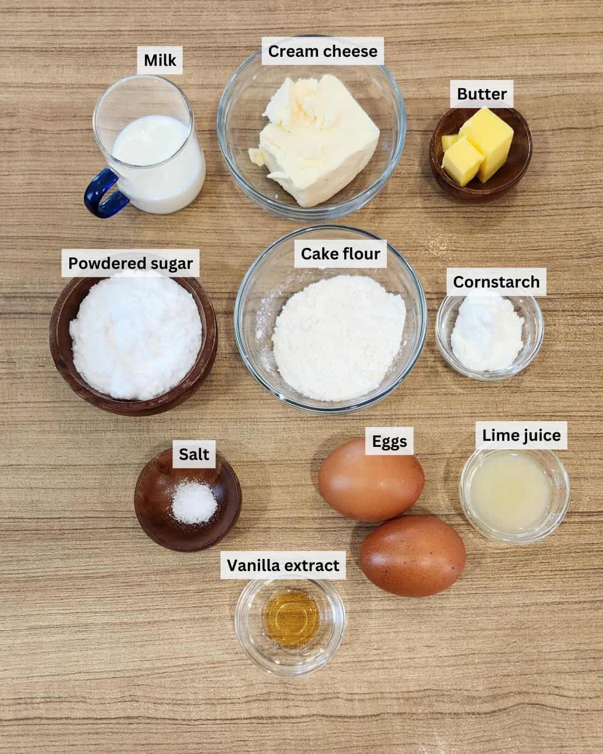 Japanese cheesecake ingredients with labels.