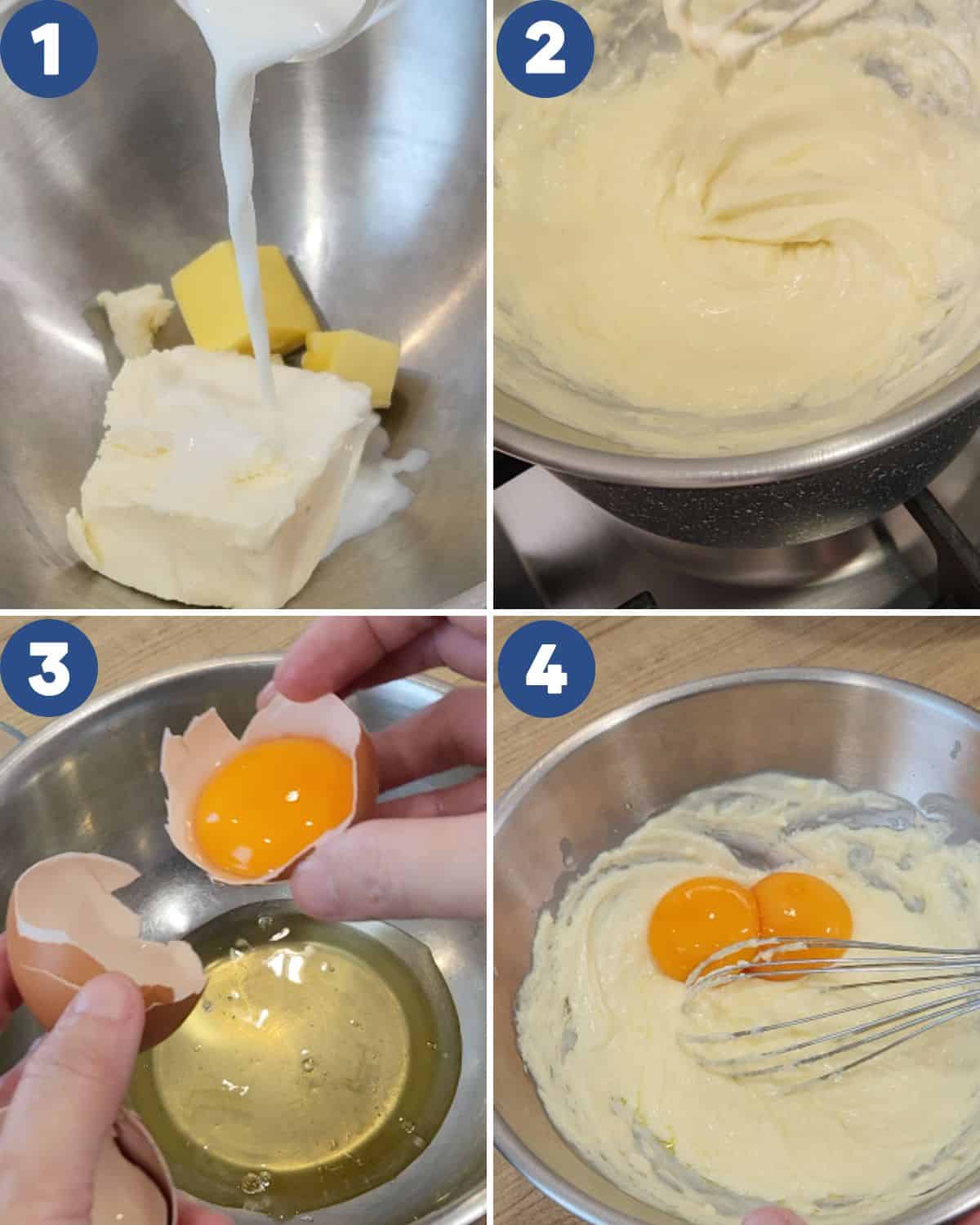 Step by step process photos of preparing the Japanese cheesecake batter.