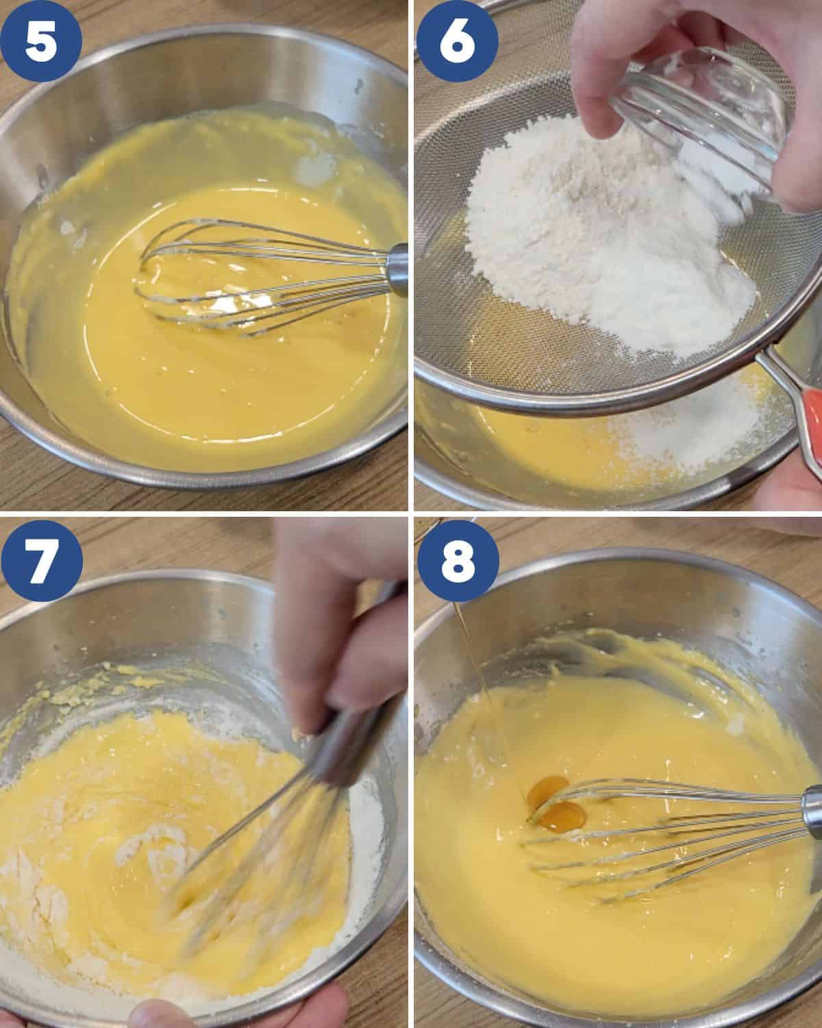 Step by step process photos of preparing the cream cheese batter.