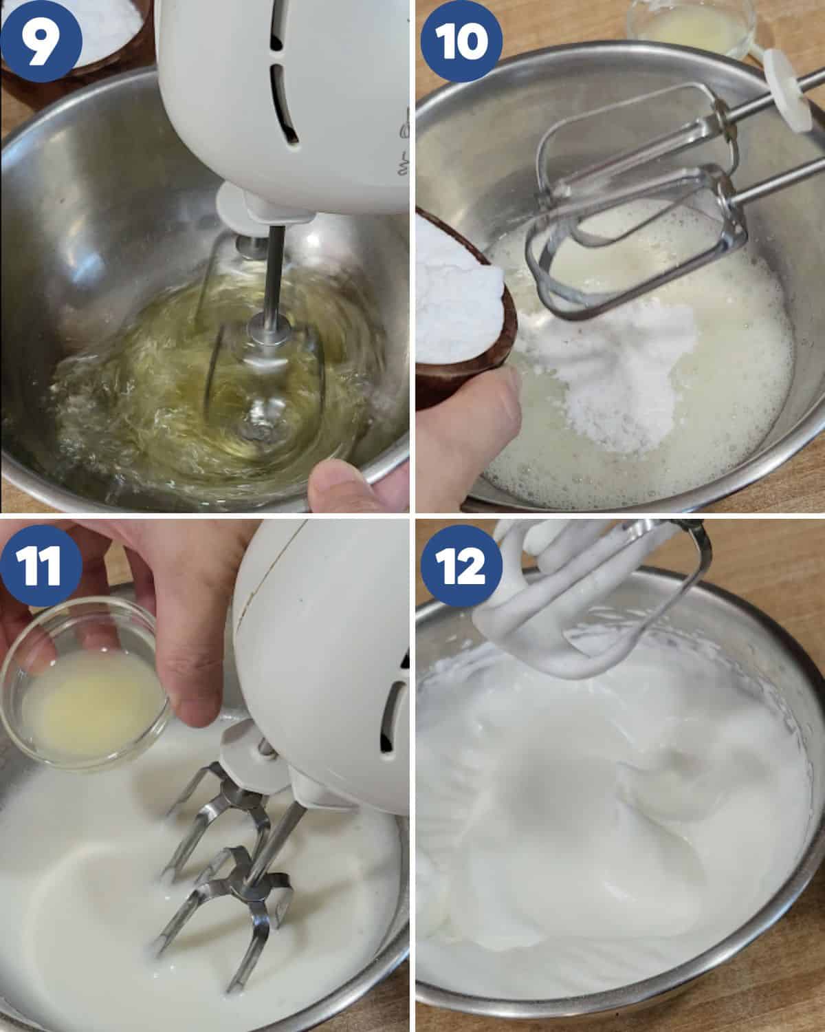 Step by step process photos of whipping the egg whites.