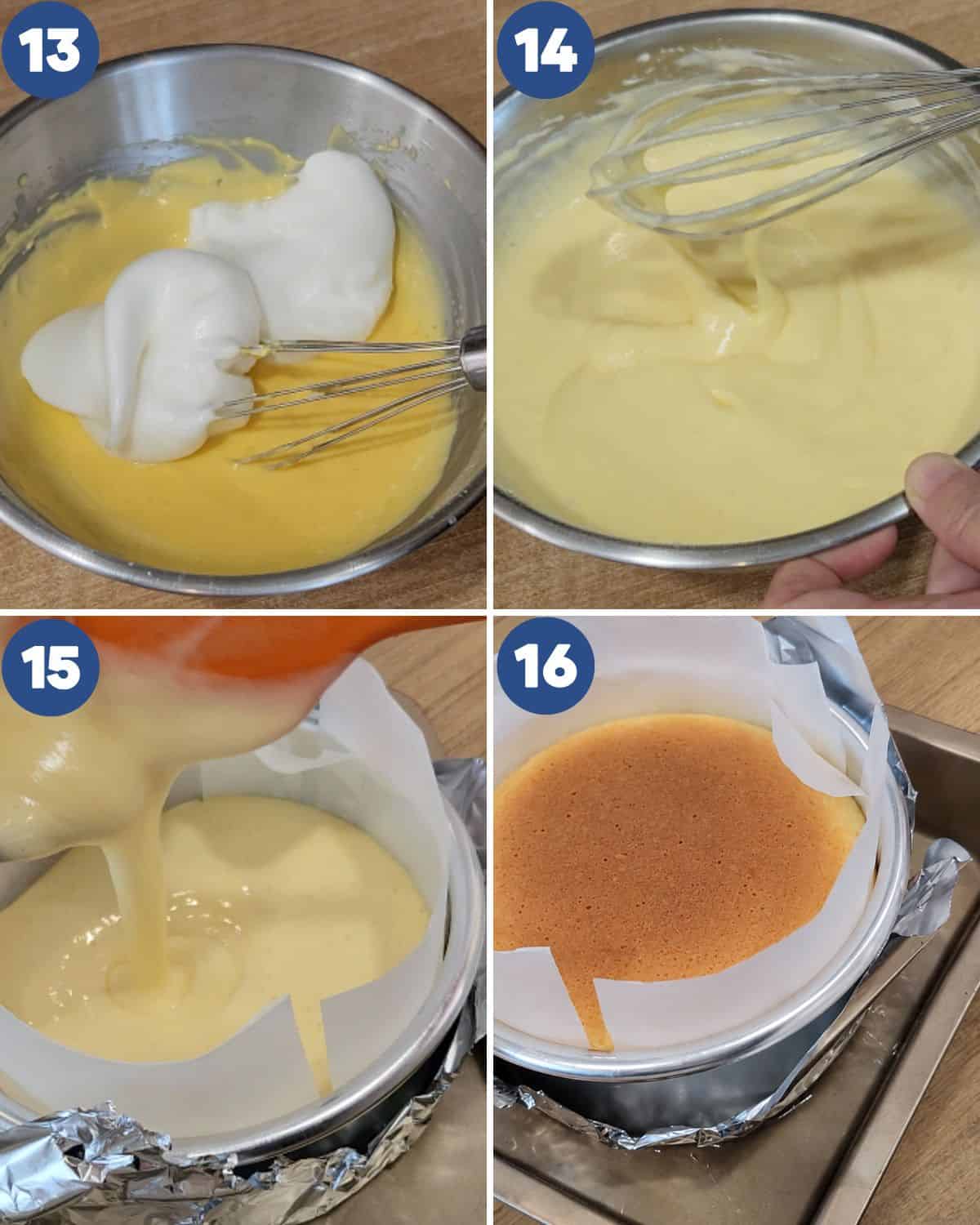 Step by step process photos of mixing the meringue into the cream cheese batter.