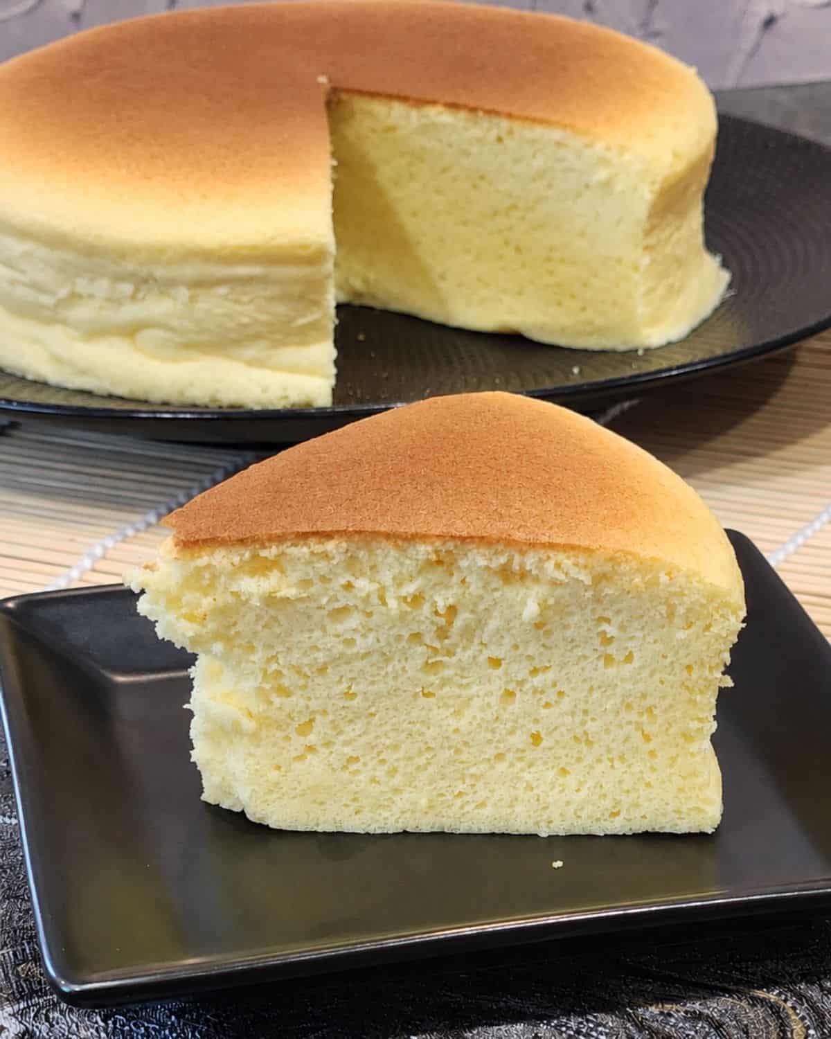 A slice of Japanese cheesecake close-up.