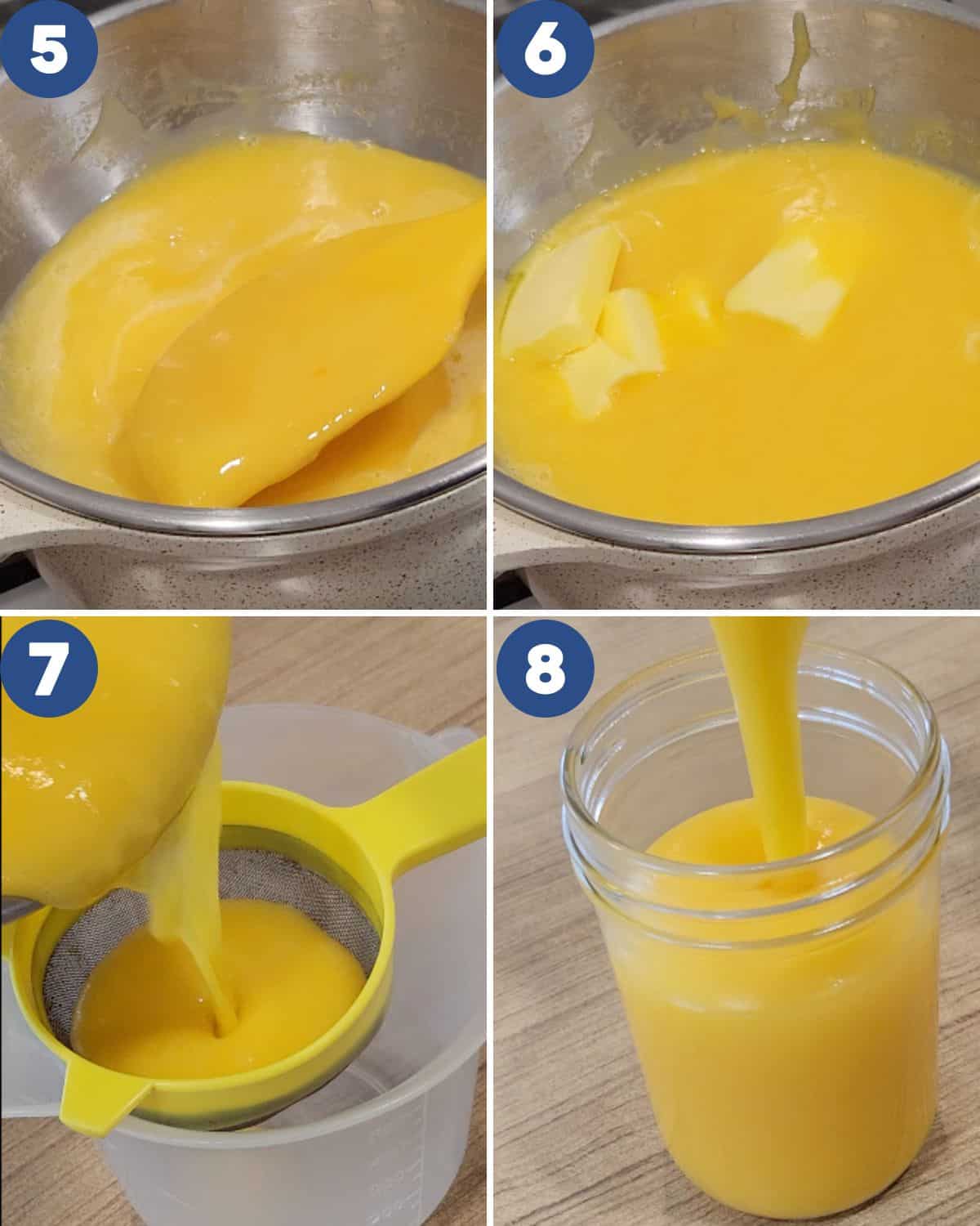 Step by step process photos of bottling the lemon curd.
