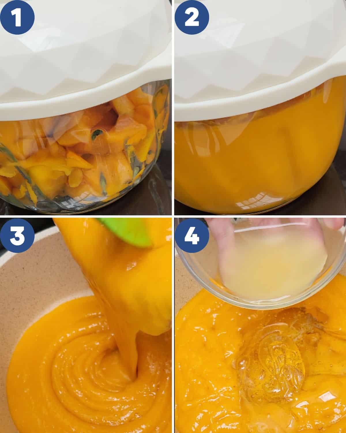 Step by step process photos of preparing to make mango jam.