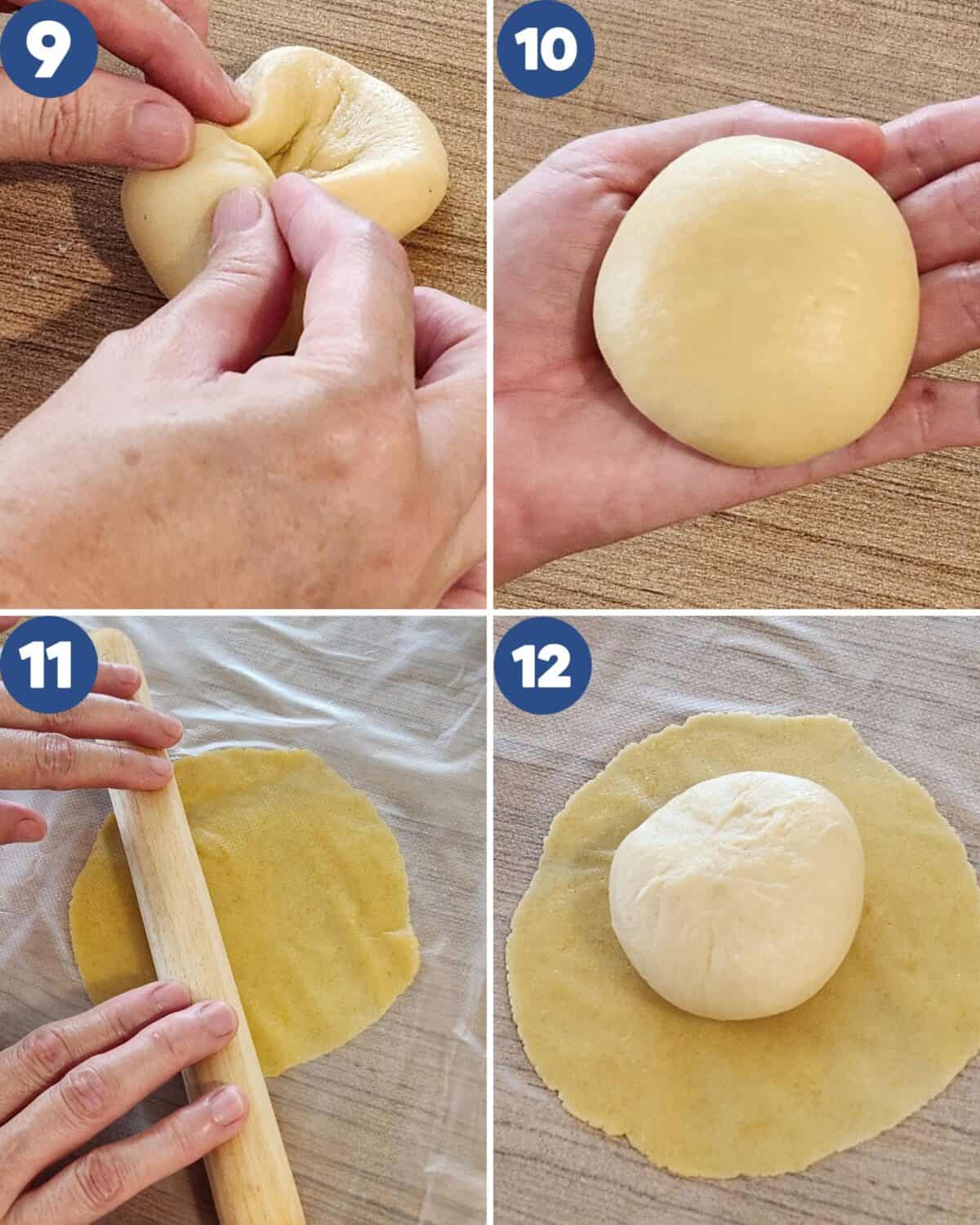 Step by step process photos of shaping the bread dough.