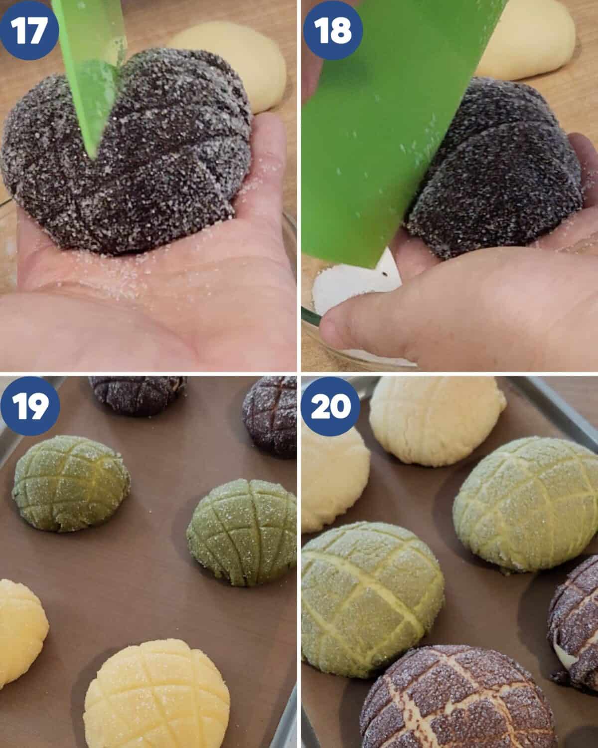 Step by step process photos of shaping the cookie topping. 