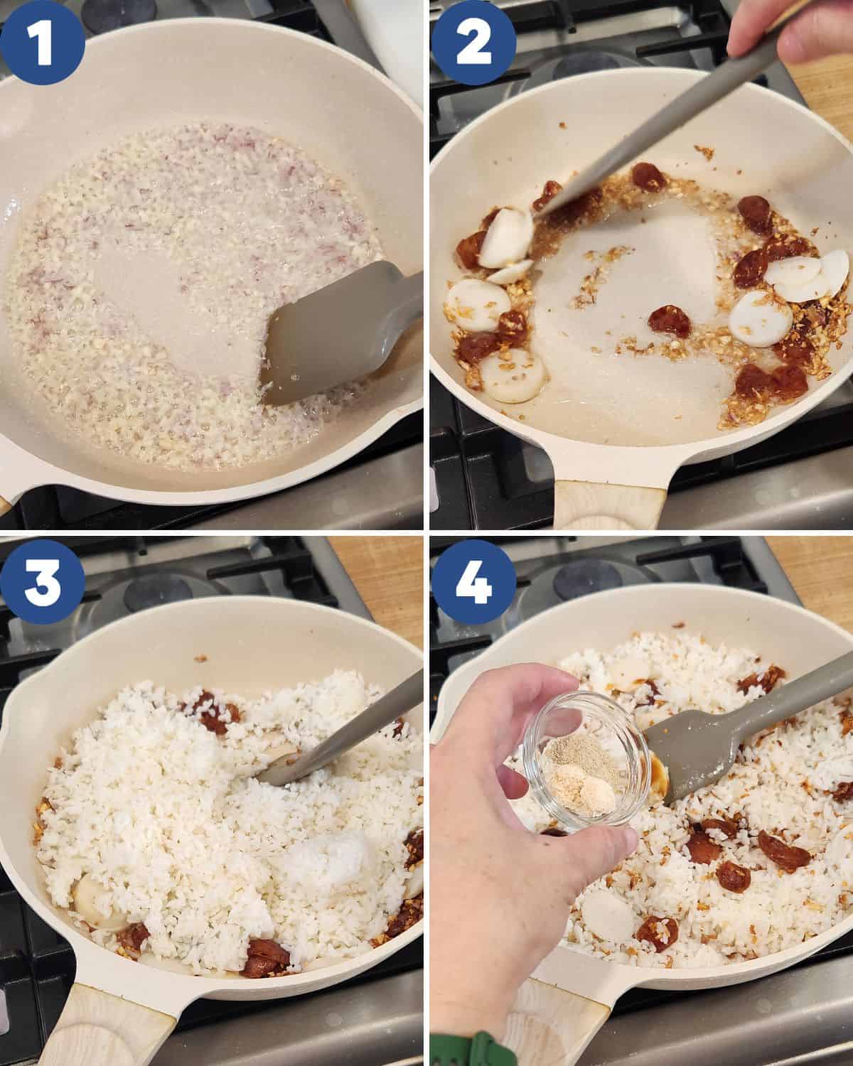 Step by step process photos of preparing pineapple shrimp fried rice.