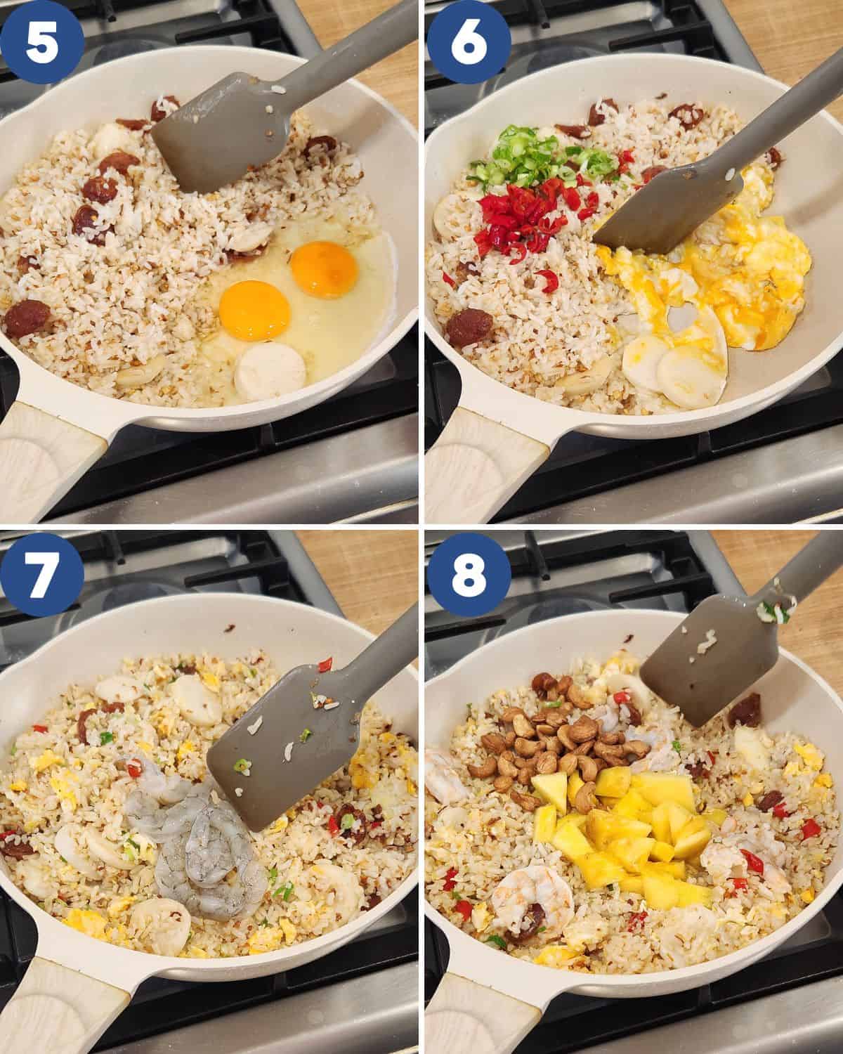 Step by step process photos of stir frying the pineapple shrimp fried rice.