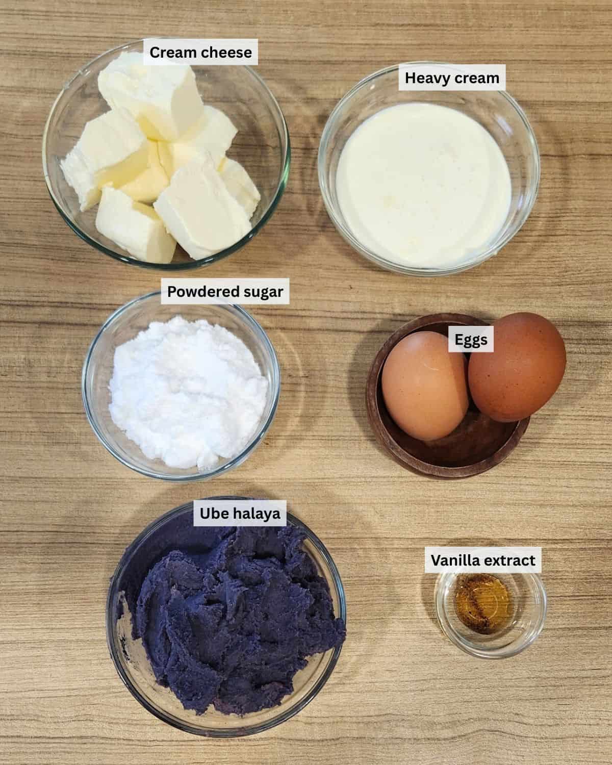 Ube cheesecake ingredients with labels.