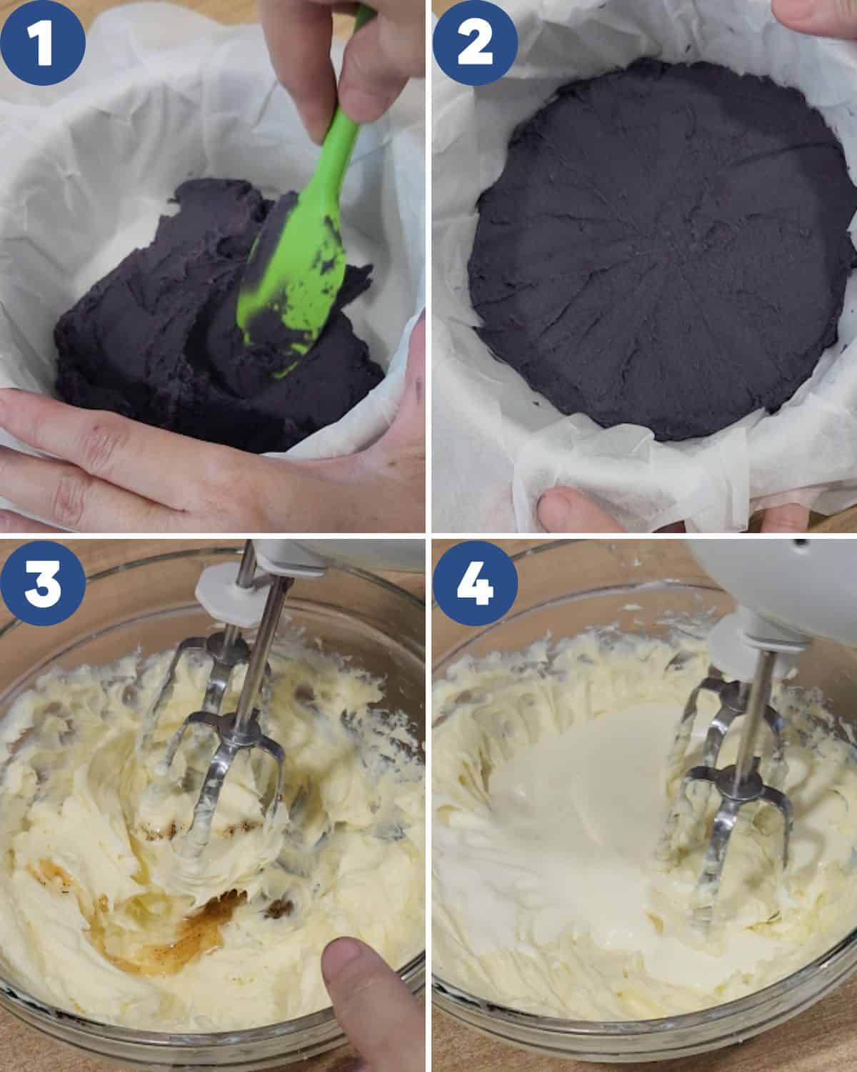 Step by step process photos of layering the base of the cheesecake.