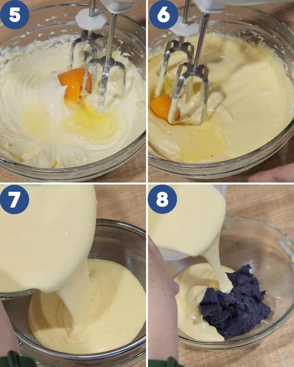 Step by step process photos of mixing the cream cheese.