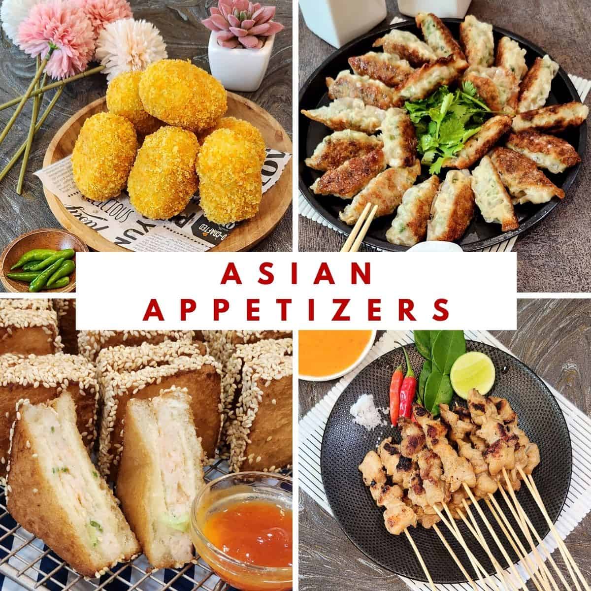 Collaged photos of Asian appetizers.