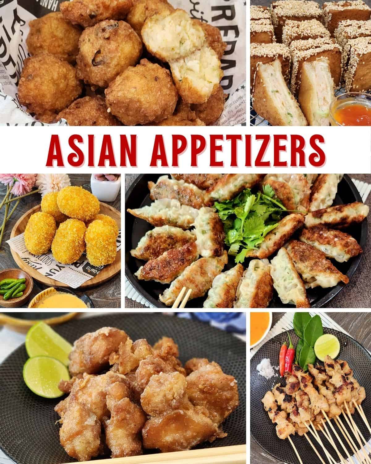 Collaged photo of Asian Appetizers from fried shrimp balls to chicken satay.