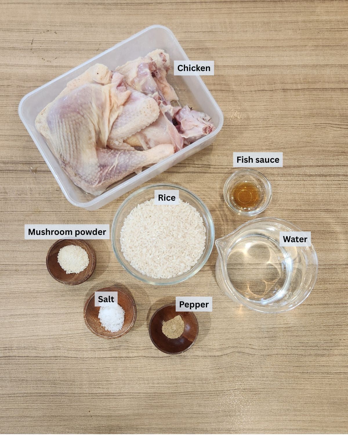 Chicken congee ingredients with labels.