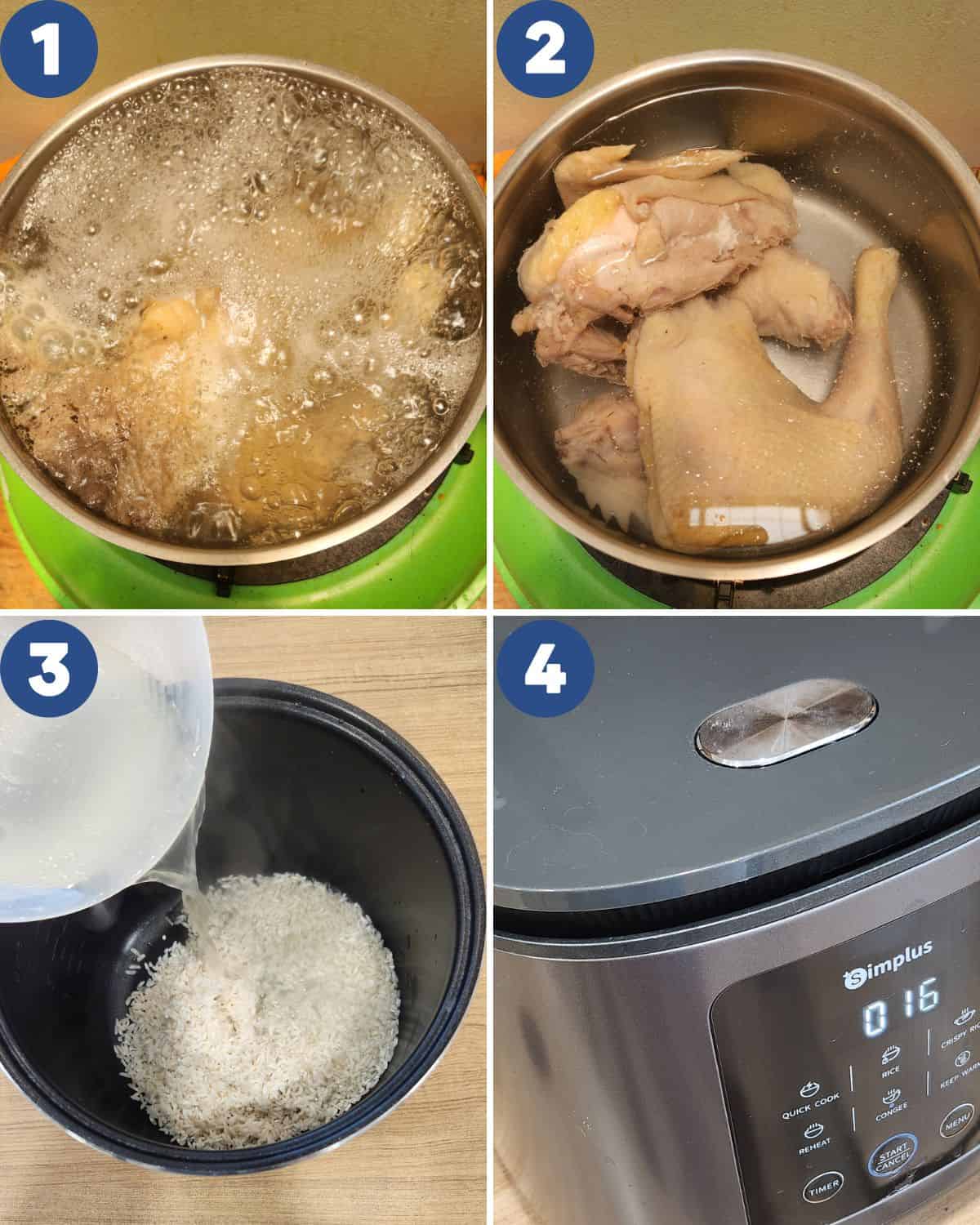 Step by step process photos of making the chicken broth.