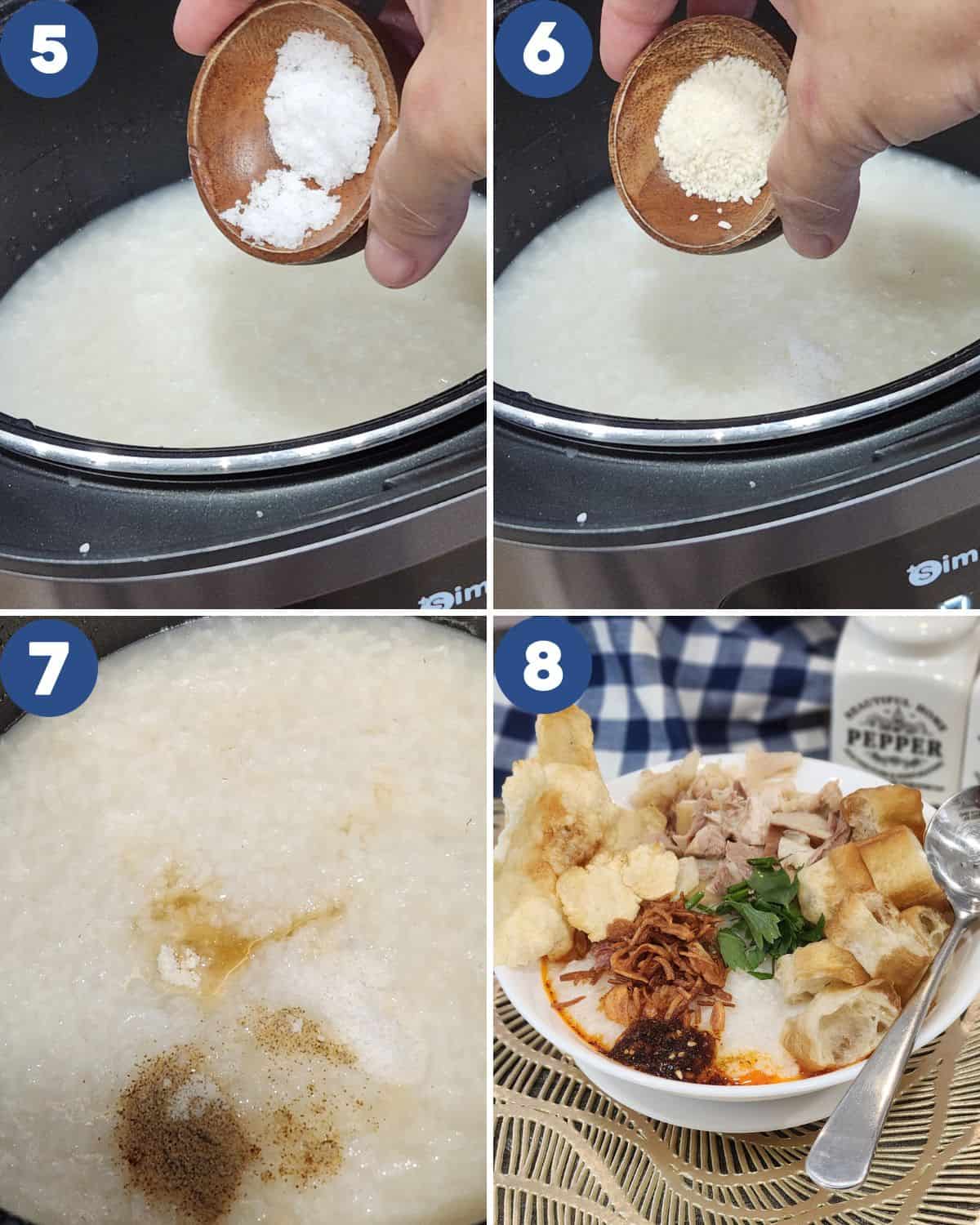 Step by step process photos of seasoning the chicken congee. 