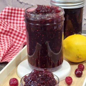 A jar full of cranbery jam with a small bow of cranberry jam.