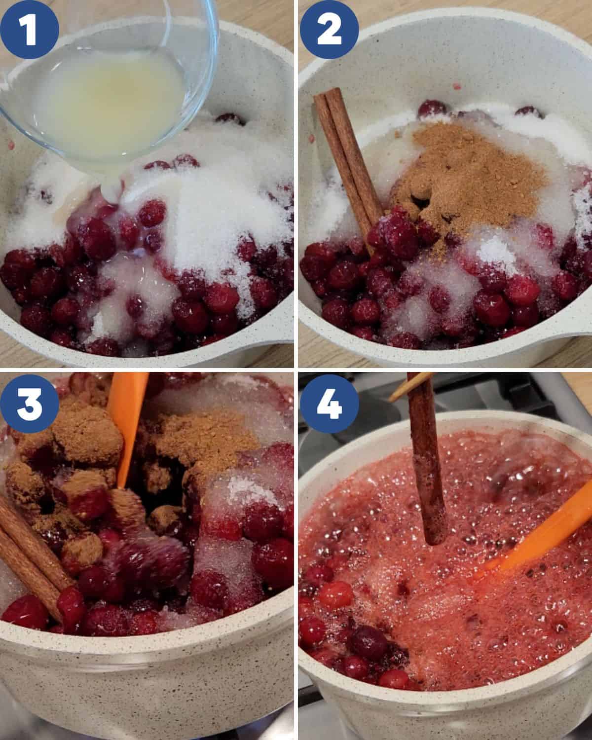 Step by step process photos of making the cranberry jam.