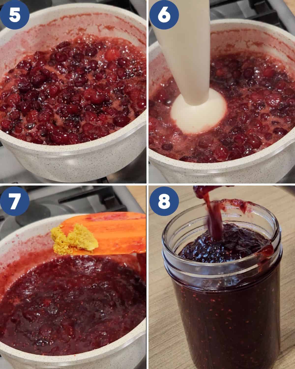 Step by step process photos of cooking the cranberry jam.