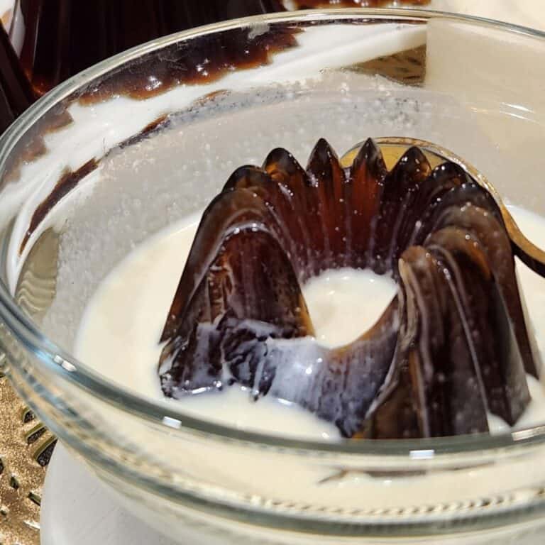 A bowl with a Japanese coffee jelly and creamy milk sauce.