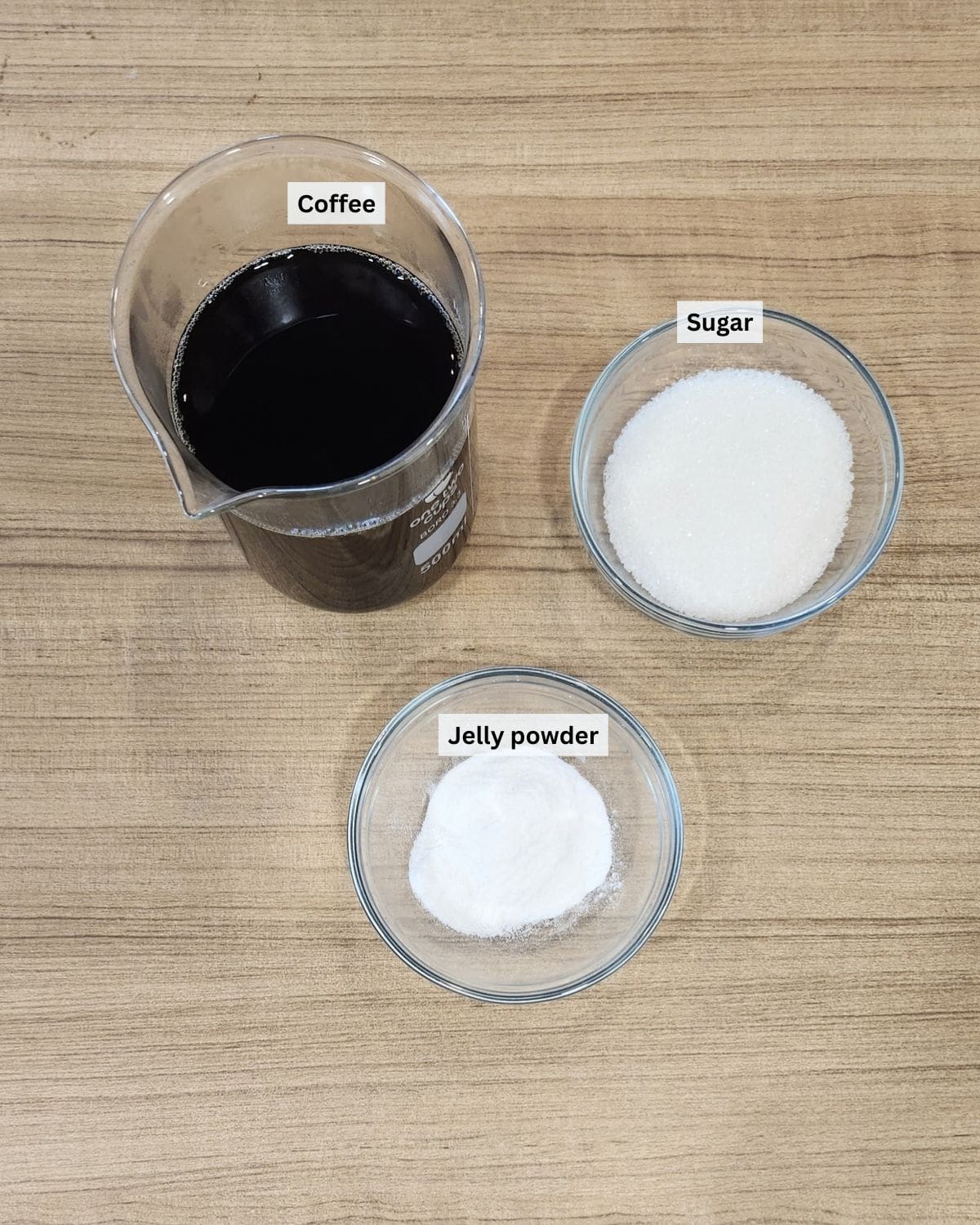 Japanese coffee jelly ingredients with labels.