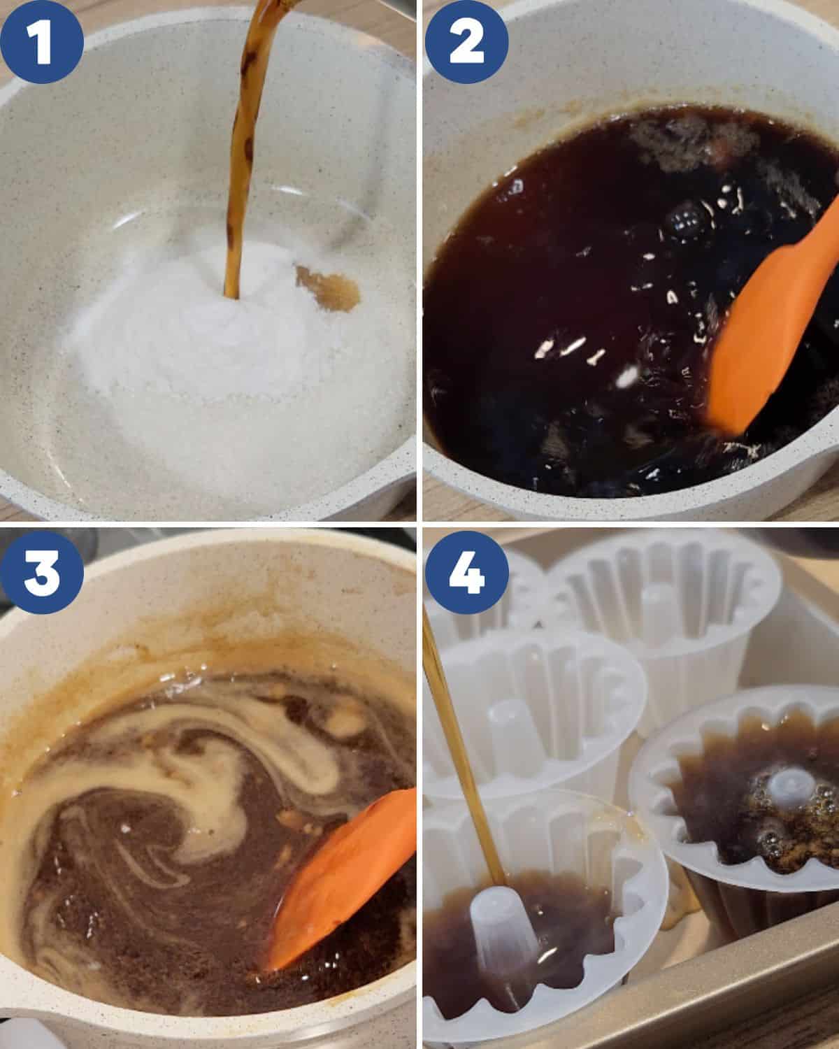 Step by step process photos of making Japanese coffee jelly.