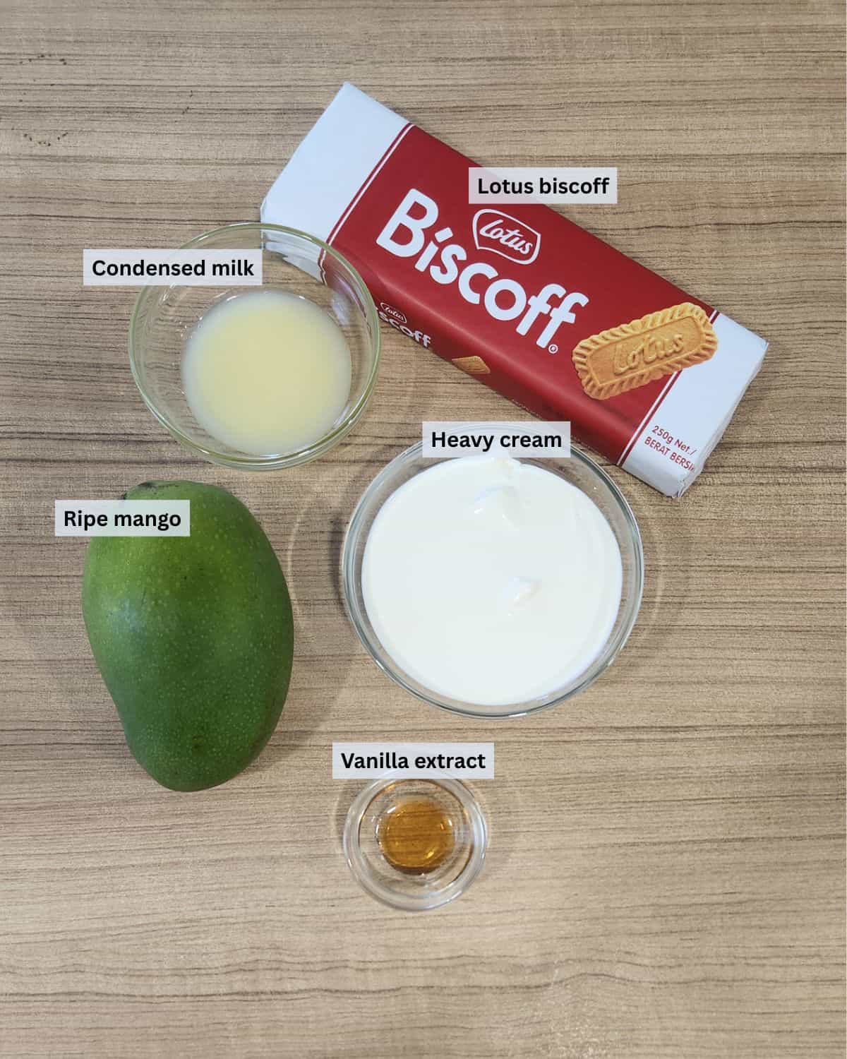 Mango float ingredients with labels.