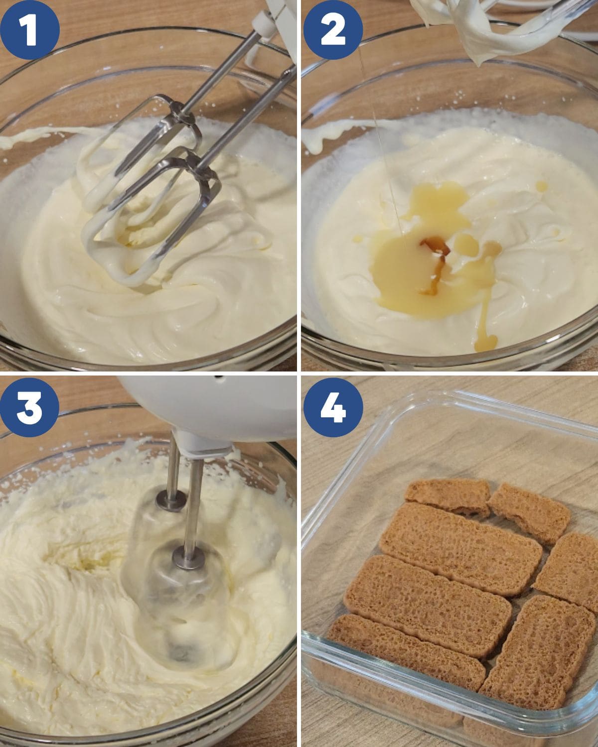 Step by step process photos of whipping the heavy cream.