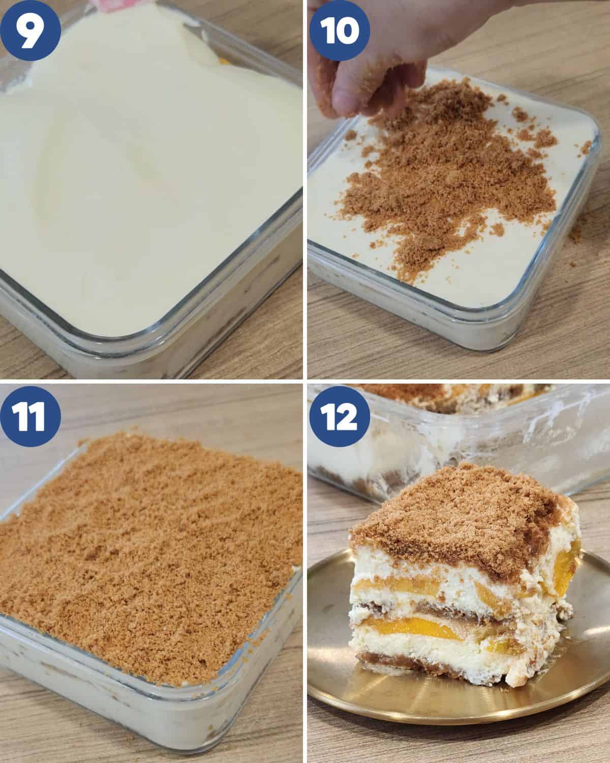 Step by step process photos of covering the top of the mango float.