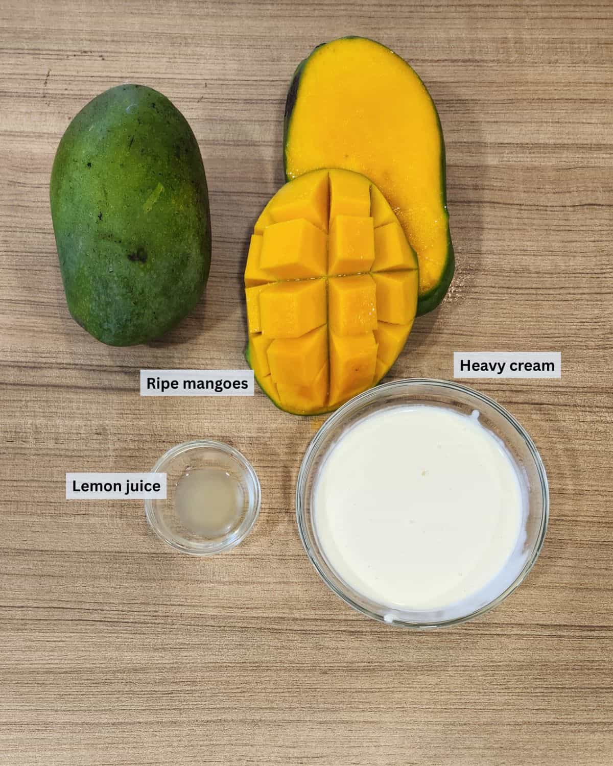 Mango mousse ingredients with labels.