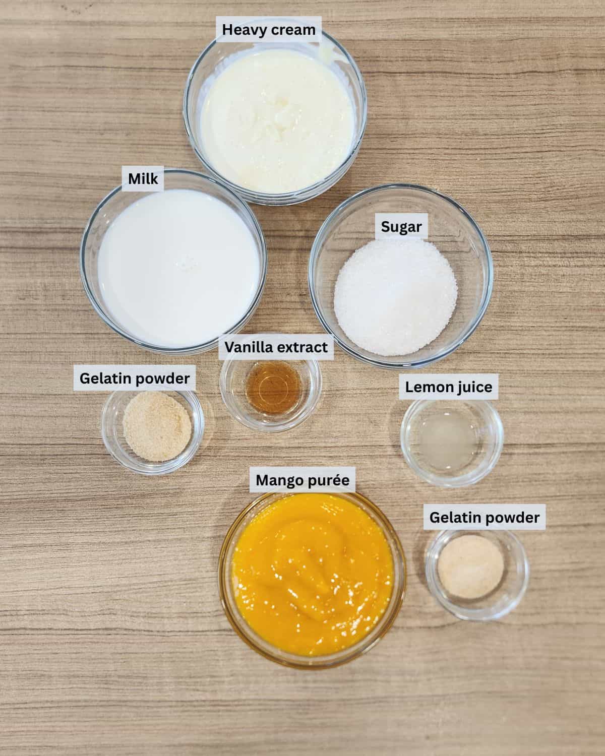 Mango panna cotta ingredients with labels.