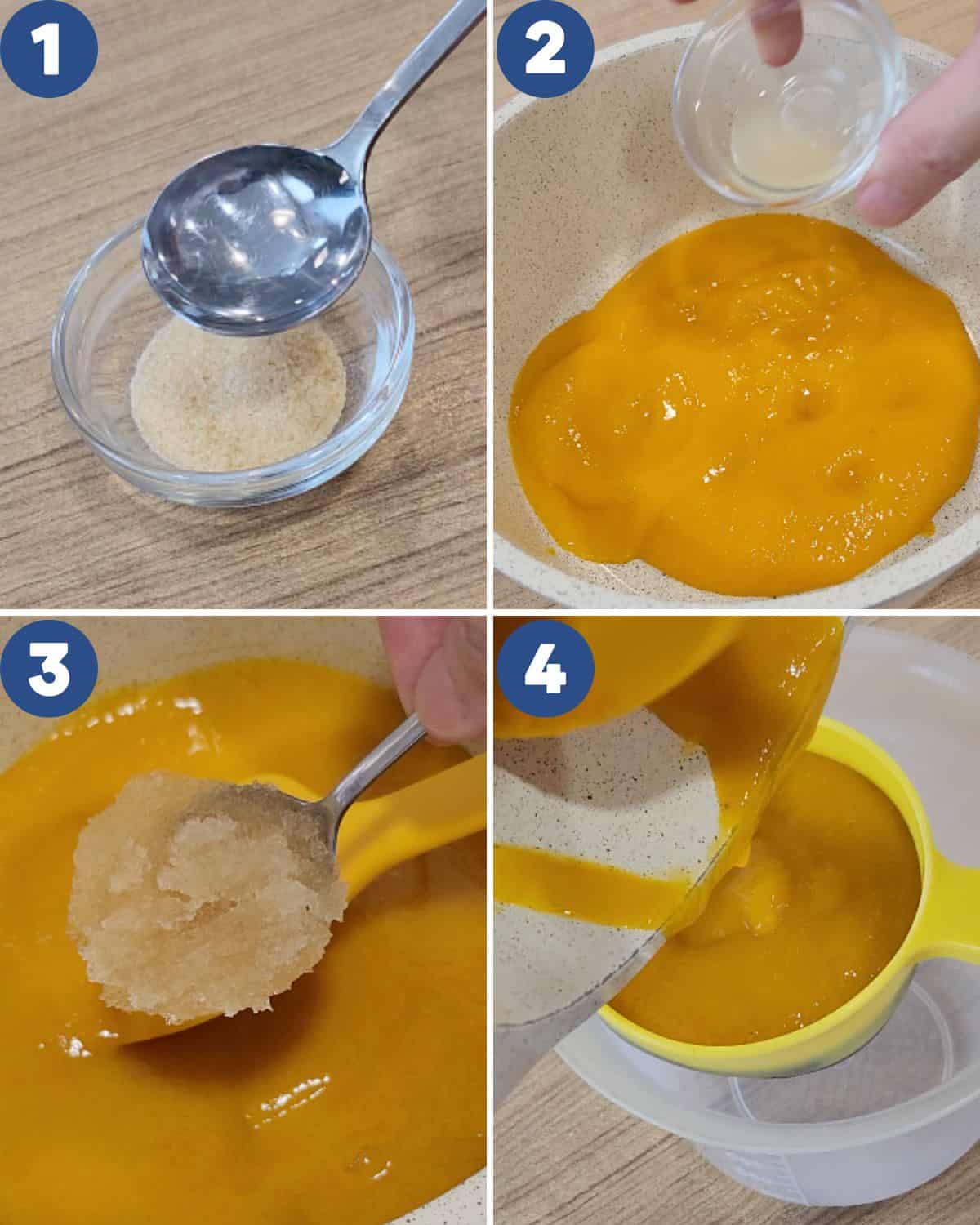 Step by step process photos of making the mango layer for mango panna cotta.