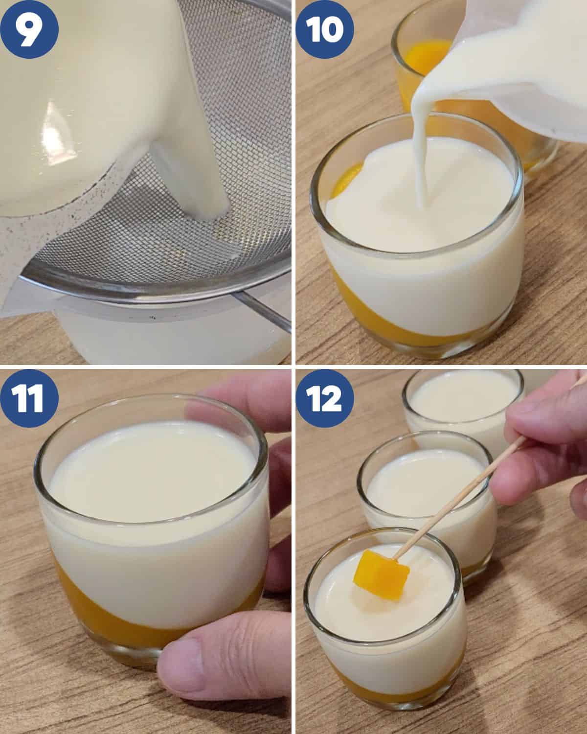 Step by step process photos of finishing the vanilla layer of mango panna cotta.
