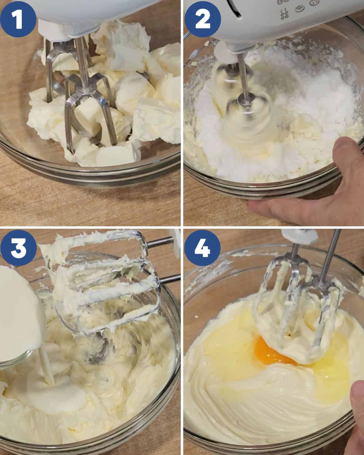 Step by step process photos of softening the cream cheese.