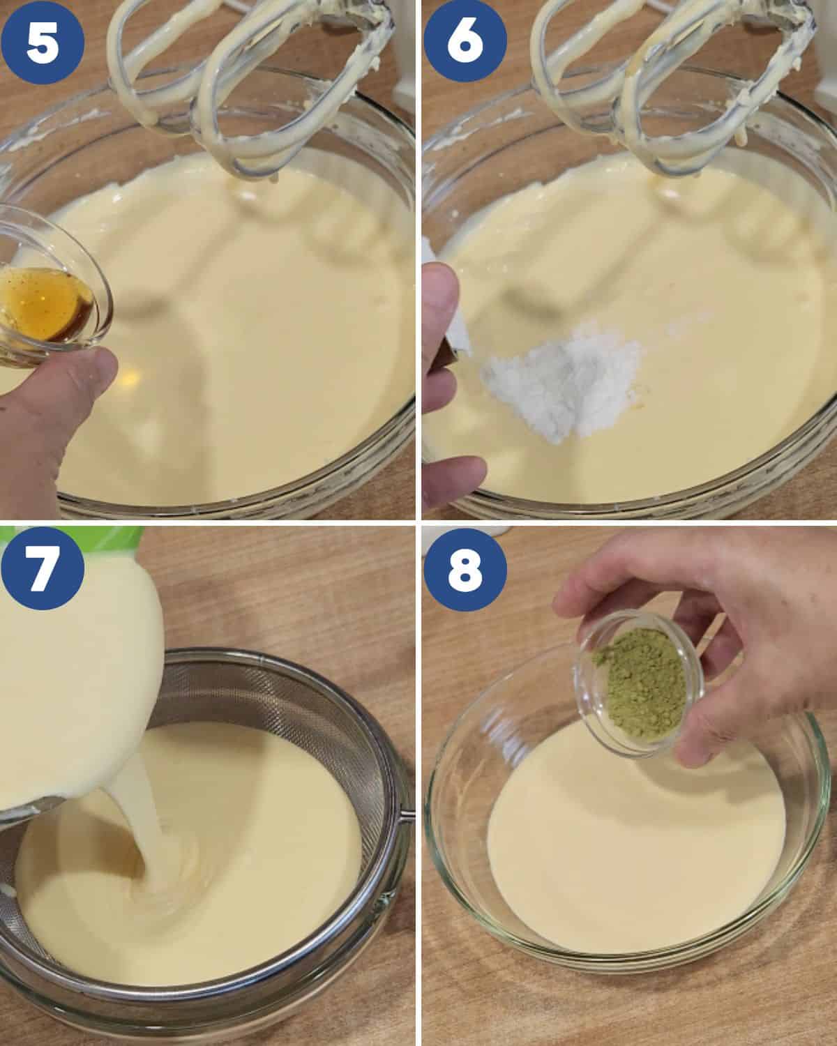 Step by step process photos of mixing the cream cheese.