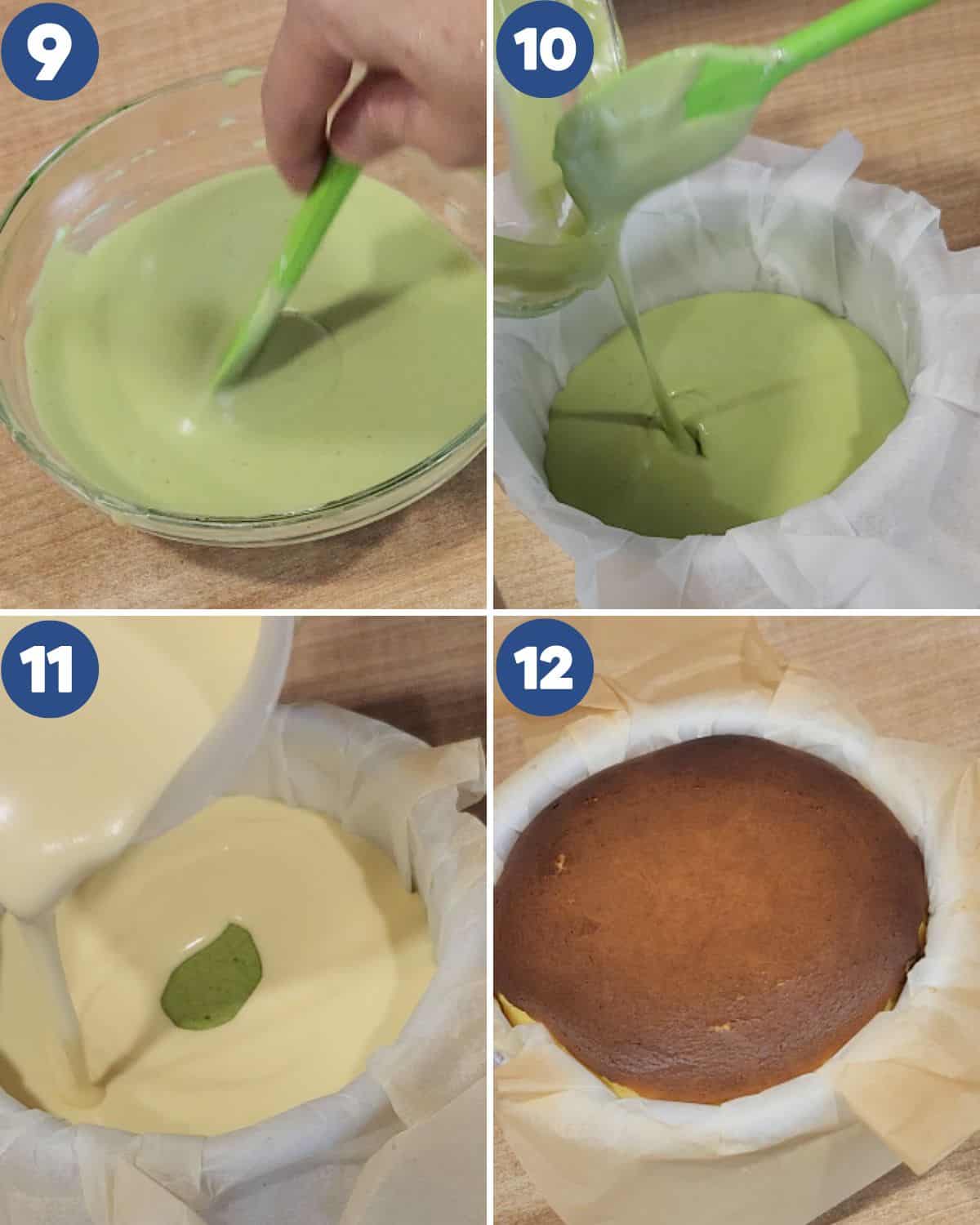 Step by step process photos of mixing the matcha cheesecake.