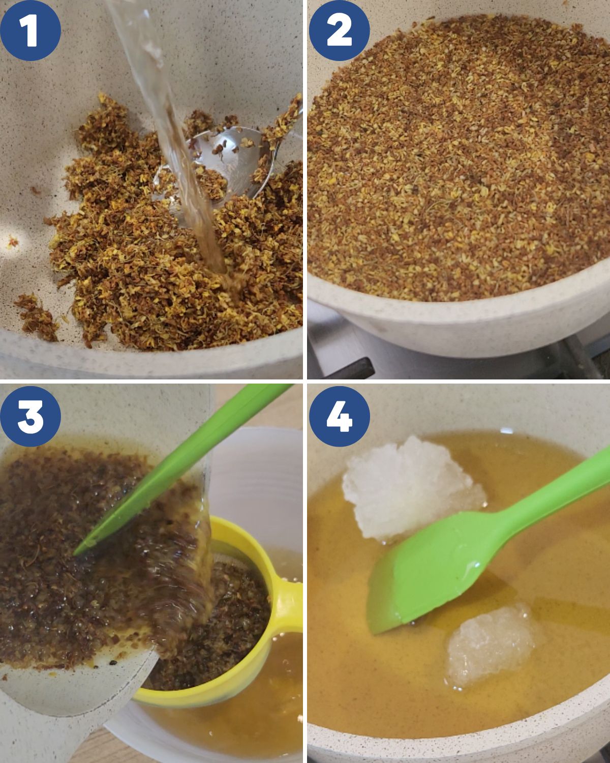 Step by step process photos of preparing the cook the osmanthus flowers.