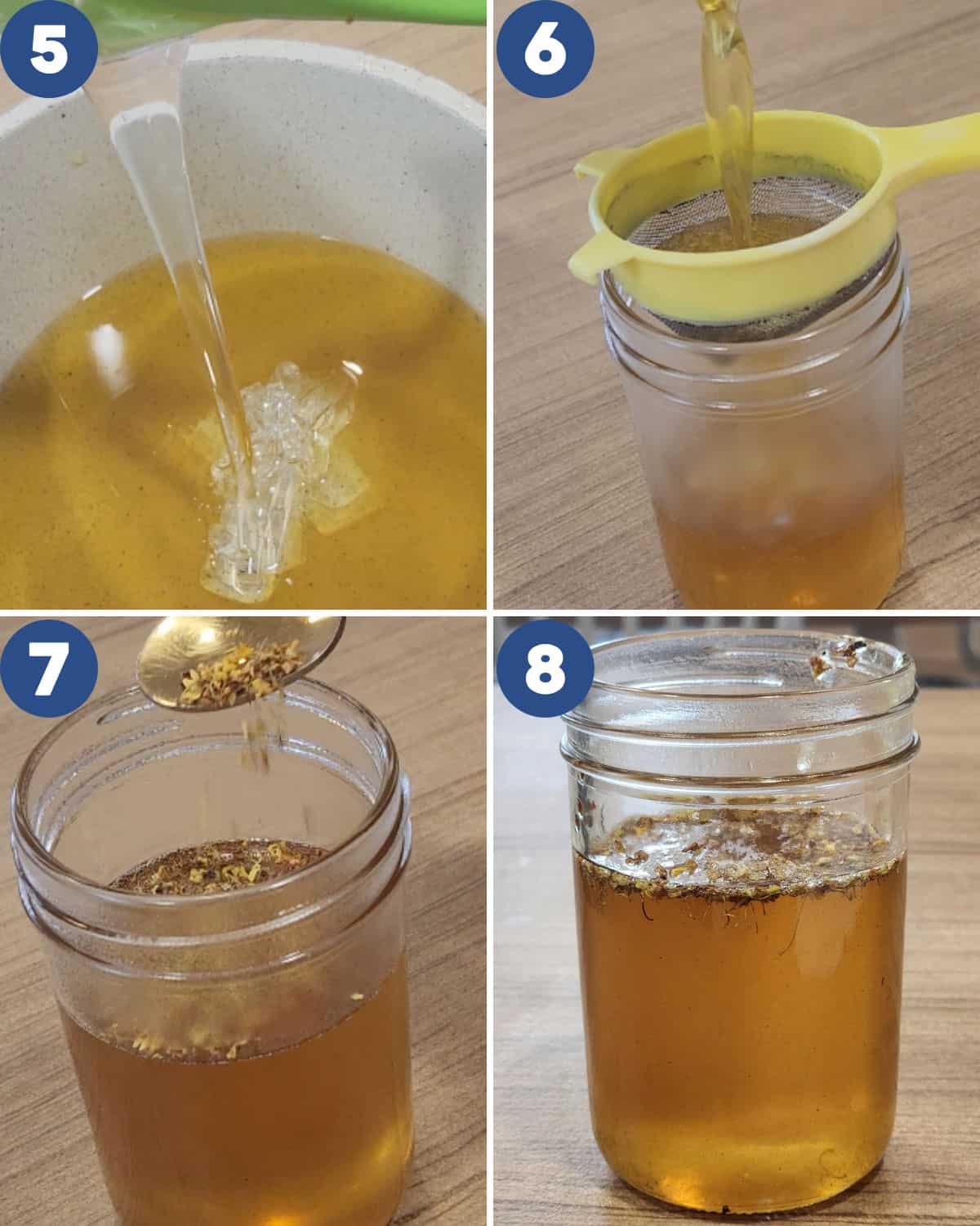 Step by step process photos of bottling the cooked osmanthus syrup.